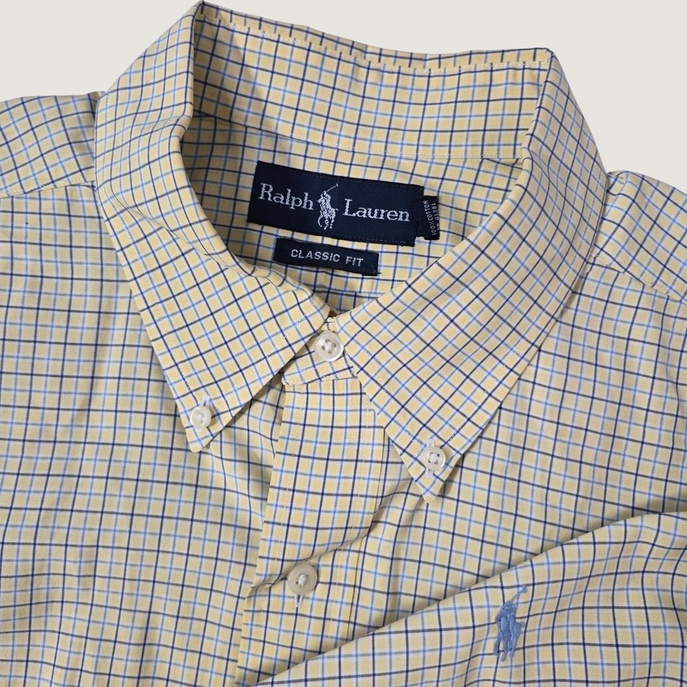 Ralph Lauren Button Down Men XL Yellow Plaid Classic Fit Cotton Short Sleeve Ivy